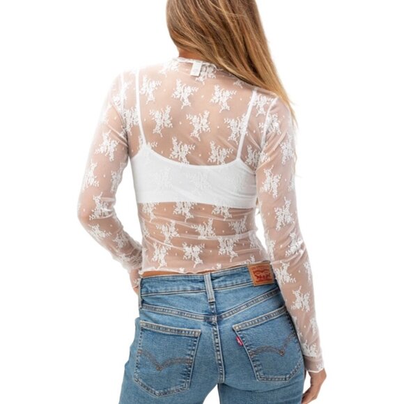 Sheer White Floral Lace Long Sleeve Crop Top - Picture 3 of 3